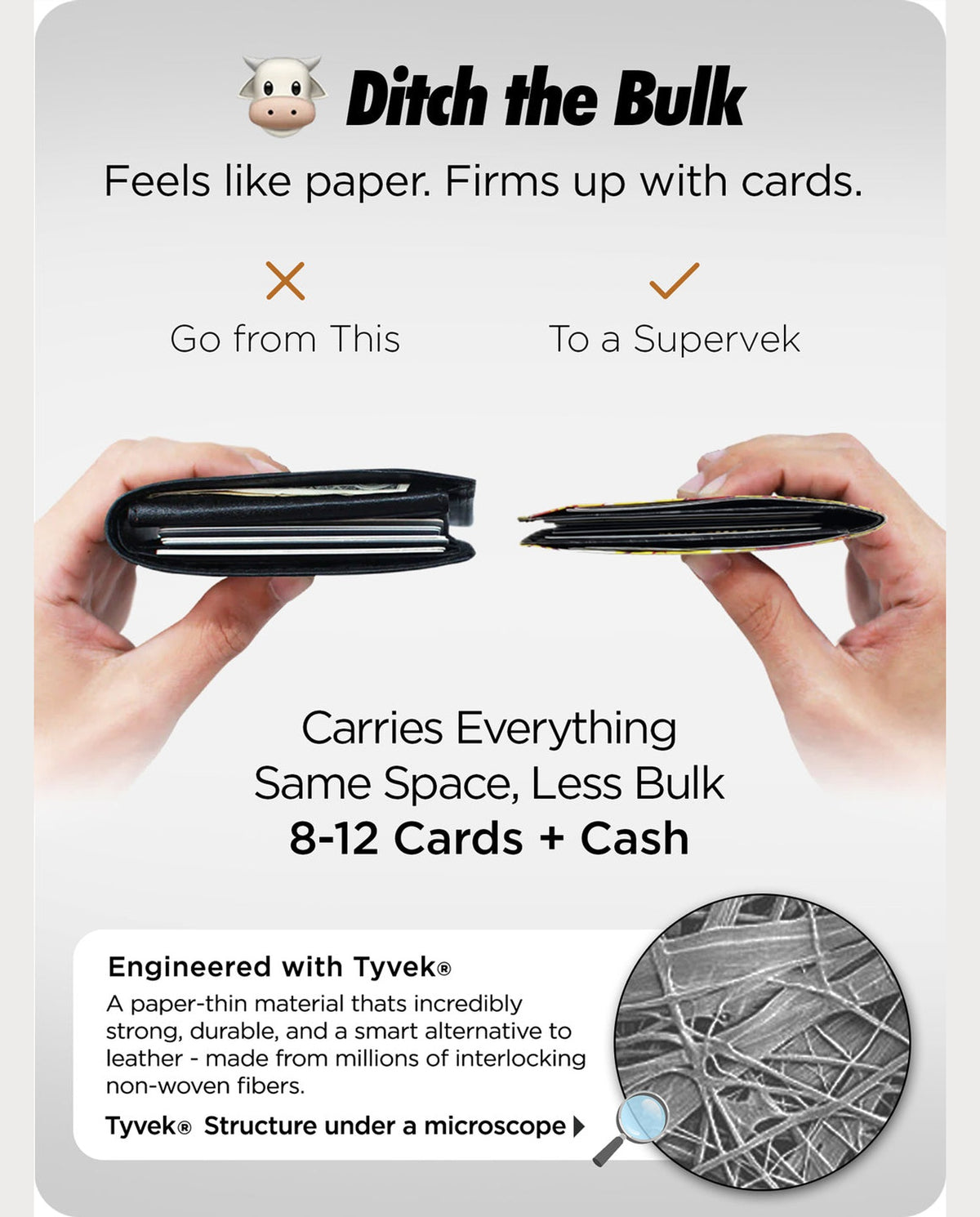 Supervek Tyvek wallet shown slim with 8–12 cards capacity, black "Oriental Dragon" design, vegan and compact