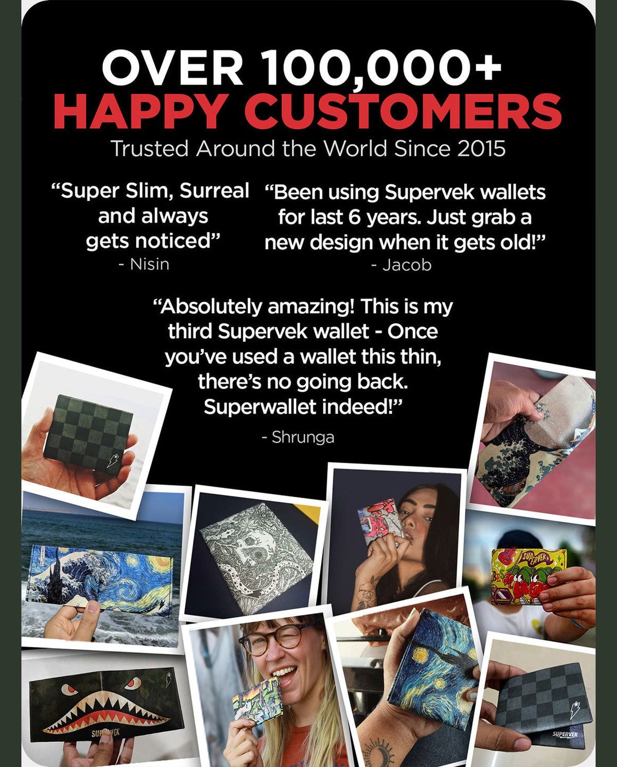 Customer reviews collage showing Supervek wallets in use, featuring "Oriental Dragon" and other Tyvek wallet designs