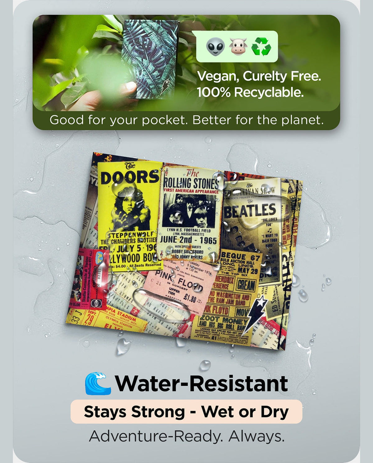 Supervek Tyvek wallet with "Rock & Old" design, water-resistant black vegan billfold with music concert ticket collage under water droplets