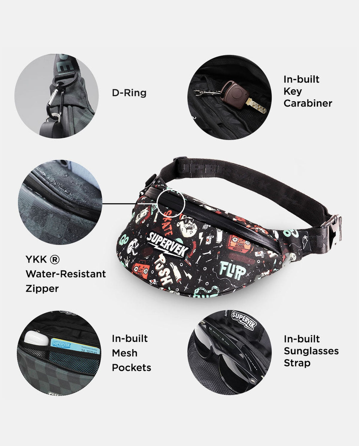 Supervek Crossbody Slinger - Skatelife - Urban Functional Fanny Hip Bag for Everyday Essentials - Features
