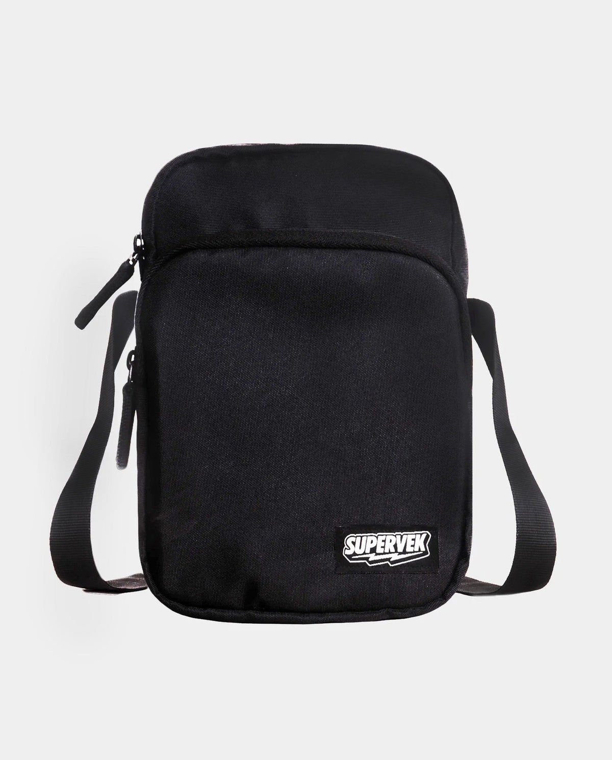 Supervek black "Sling" bag, front view showing minimalist design with dual zippers and logo patch and Classic Black #color_Classic Black