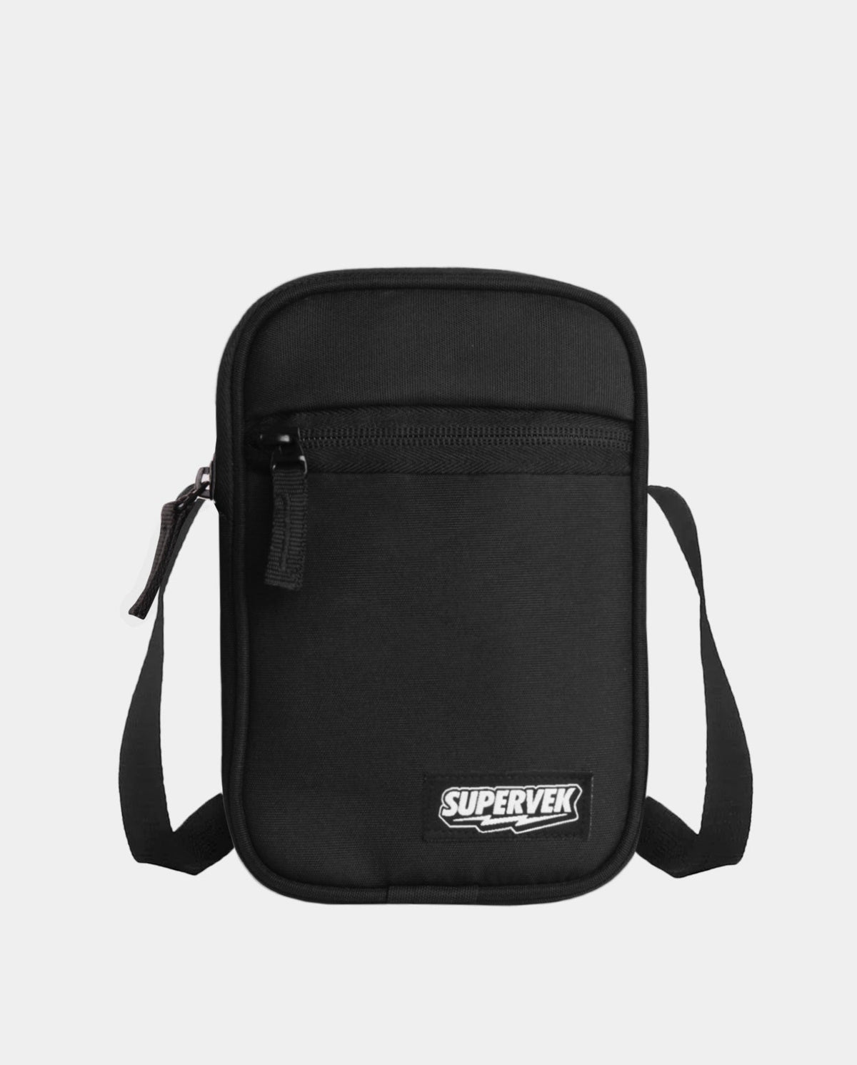 Supervek "Mini" Sling Bag, black compact crossbody with front zipper pocket and stitched logo patch and unisex Sling bag for men & women Classic Black #color_Classic Black